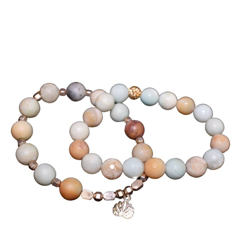 Amazonite Bracelets Lotus Flower Pastel Beads Gold Detail Set Of 2